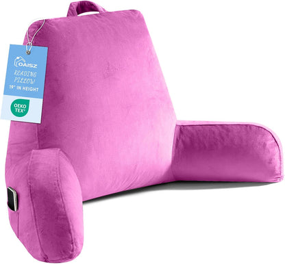 OAISZ Reading Pillow for Sitting in Bed with Shredded Memory Foam, Grey | 19-Inch Back Pillow for Sitting Up in Bed, Extended Arms, Side Pockets, Supportive Adjustable Pillow Removable Washable Cover