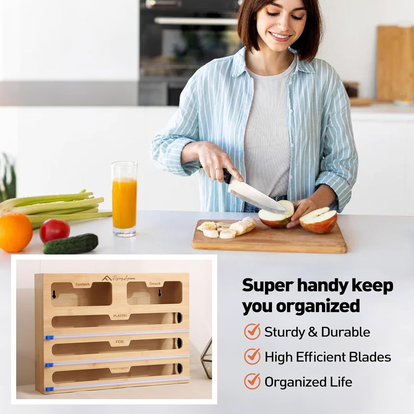 APSARAS USA 5 in 1 Bamboo Foil and Plastic Wrap Organizer for Kitchen Drawer, Ziplock Bag Organizer, Saran Wrap Dispenser with Cutter, Plastic Bag Organizer, Food Storage Bag Organization