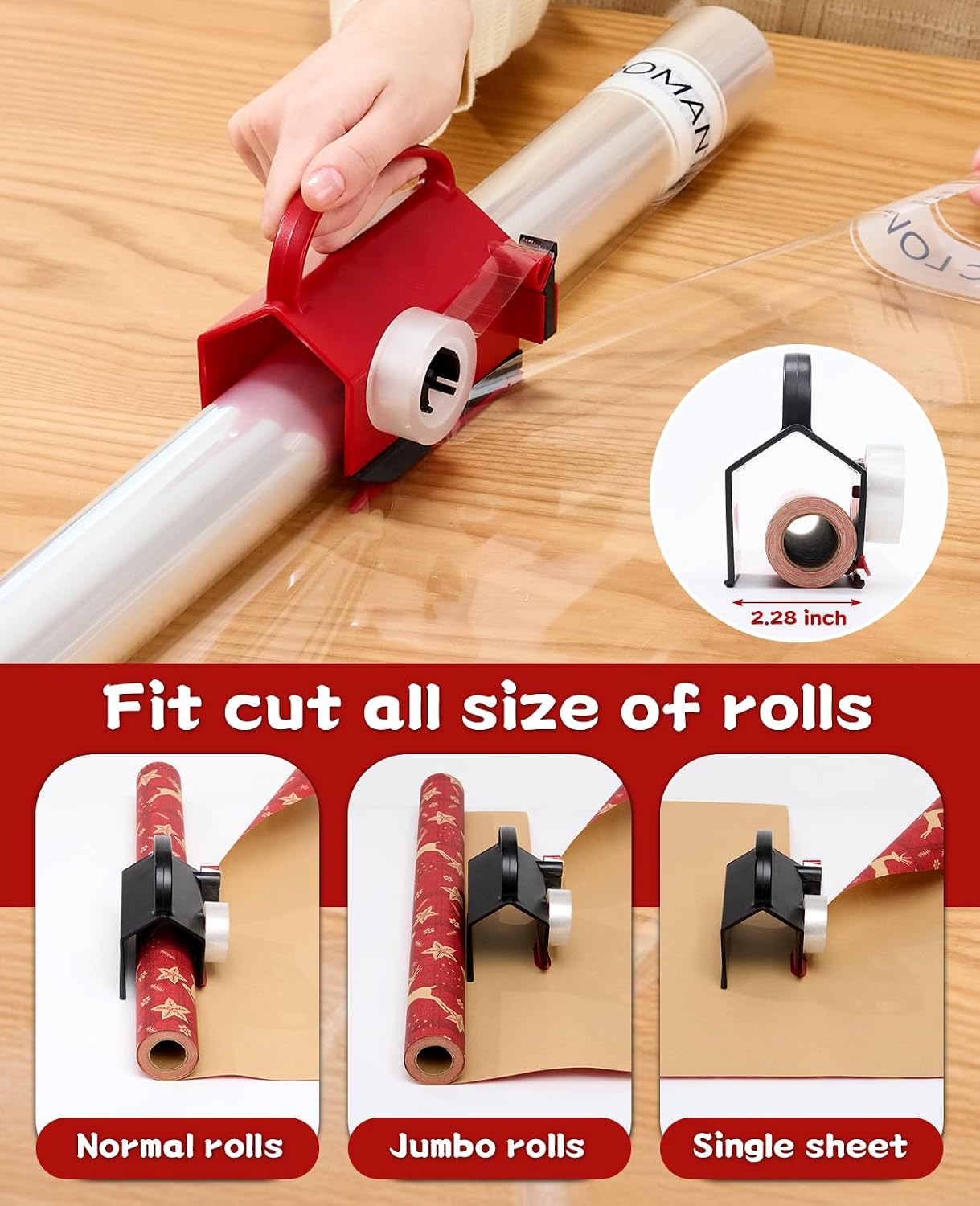 2 Pack Wrapping Paper Cutter & Tape Dispenser Dual Use, Gift Wrap Cutter Tool for Rolls Paper with 4 Tapes & 2 Replace Blades Kit for Christmas Birthday, Easy Cut for Present Wrapping