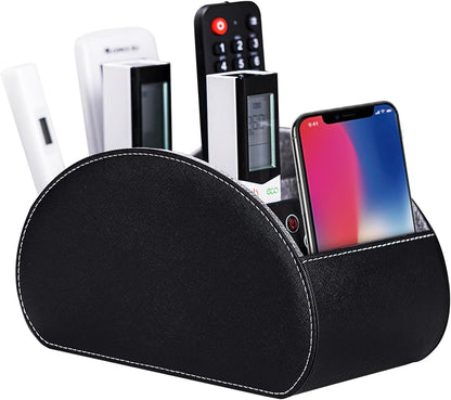 Remote Control Holders Organizer Box with 5 Compartment PU Leather Caddy | Multi-functional Office Desk Storage Caddy Store Tv Remote for Media Player,Brush,Pencil,Glassees&Office Supplies