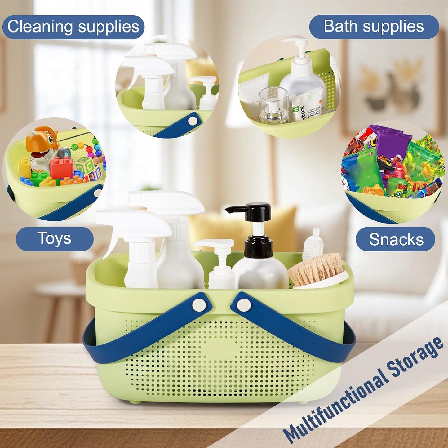 JiatuA Plastic Storage Basket with Handle Portable Shower Caddy Tote Organizer Basket Bin for Bathroom Kitchen Dorm Room Bedroom, Green | Sturdy Drainage Large Capacity Organizer Basket with Silicone Handles for Bathroom Kitchen Bedroom College Dorm