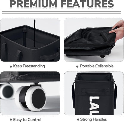 CHICVITA 75L Large Rolling Laundry Basket with Wheels & Wash Bag, Grey | Collapsible design saves space for corner dorms. Removable wash bag for easy laundry transport