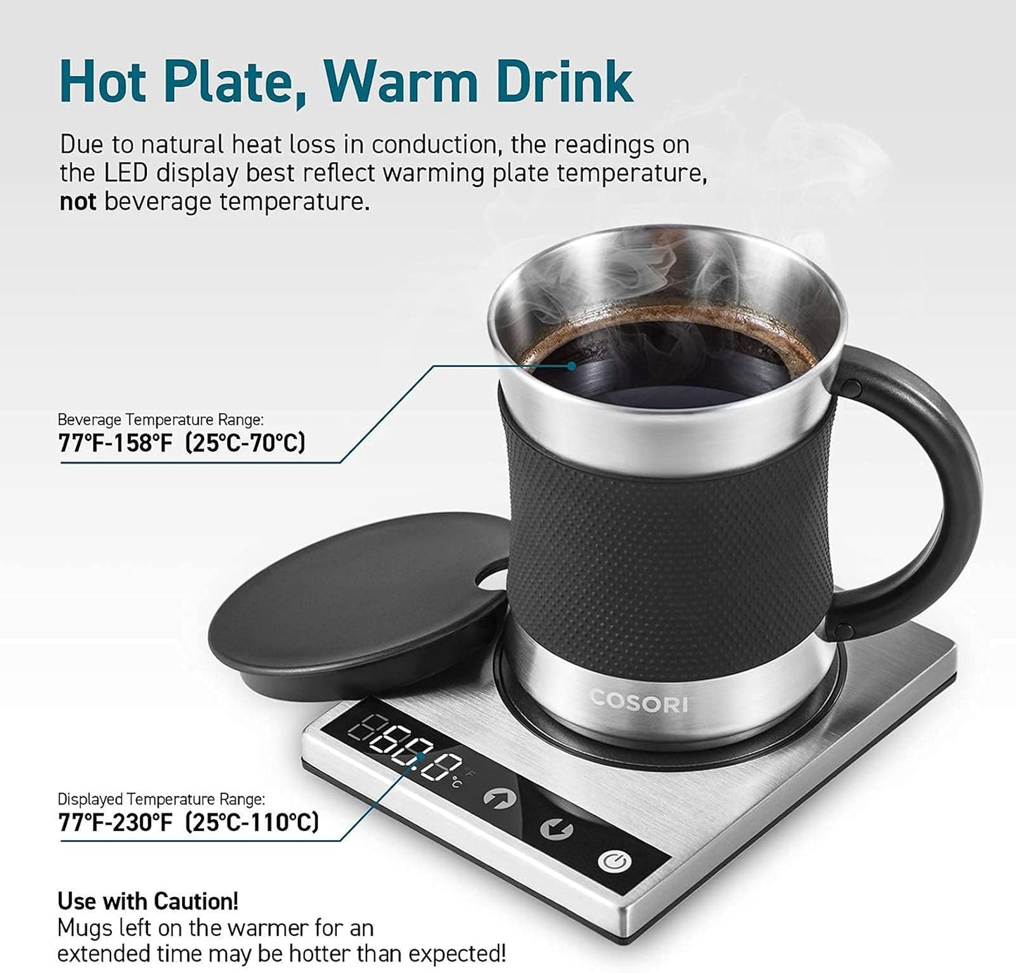 Cosori Coffee Mug Warmer & Mug Set, 1°F Precise Temperature Control | Digital Cup Heater, Touch Tech & LCD Digital Display (77-194℉), 304 Stainless Steel, for Desk, Office, Silver/Black