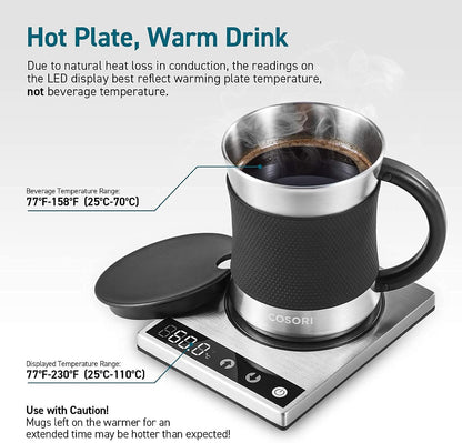 Cosori Coffee Mug Warmer & Mug Set, 1°F Precise Temperature Control | Digital Cup Heater, Touch Tech & LCD Digital Display (77-194℉), 304 Stainless Steel, for Desk, Office, Silver/Black