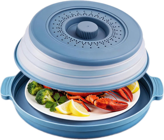 Collapsible silicone splash guard with tray -Microwave Place Mat & Food Cover can be used as a draining basket for washing vegetables and fruits. Vented Collapsible lid & Silicone Kitchen mat（Blue）