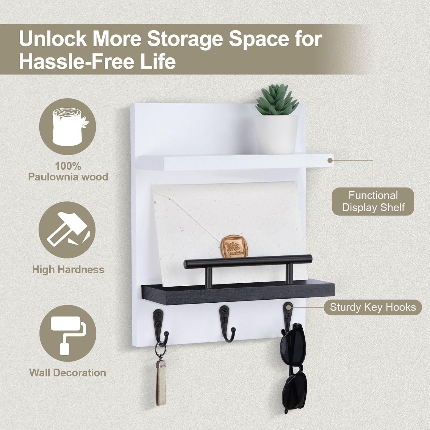 Key Holder Wall Mount, Mail Shelf Decor with 3 Key Hooks, Versatile Wood Wall Organizer for Entryway Hallway (8.2” x 10.6”x 3.6”) (White) | Farmhouse Key Hanger Holds Dog Leash, Sunglasses – Decorative Mail Organizer Home Decor