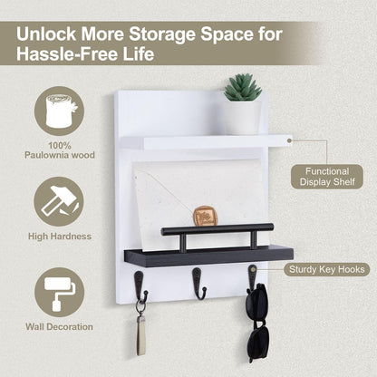 Key Holder Wall Mount, Mail Shelf Decor with 3 Key Hooks, Versatile Wood Wall Organizer for Entryway Hallway (8.2” x 10.6”x 3.6”) (White) | Farmhouse Key Hanger Holds Dog Leash, Sunglasses – Decorative Mail Organizer Home Decor