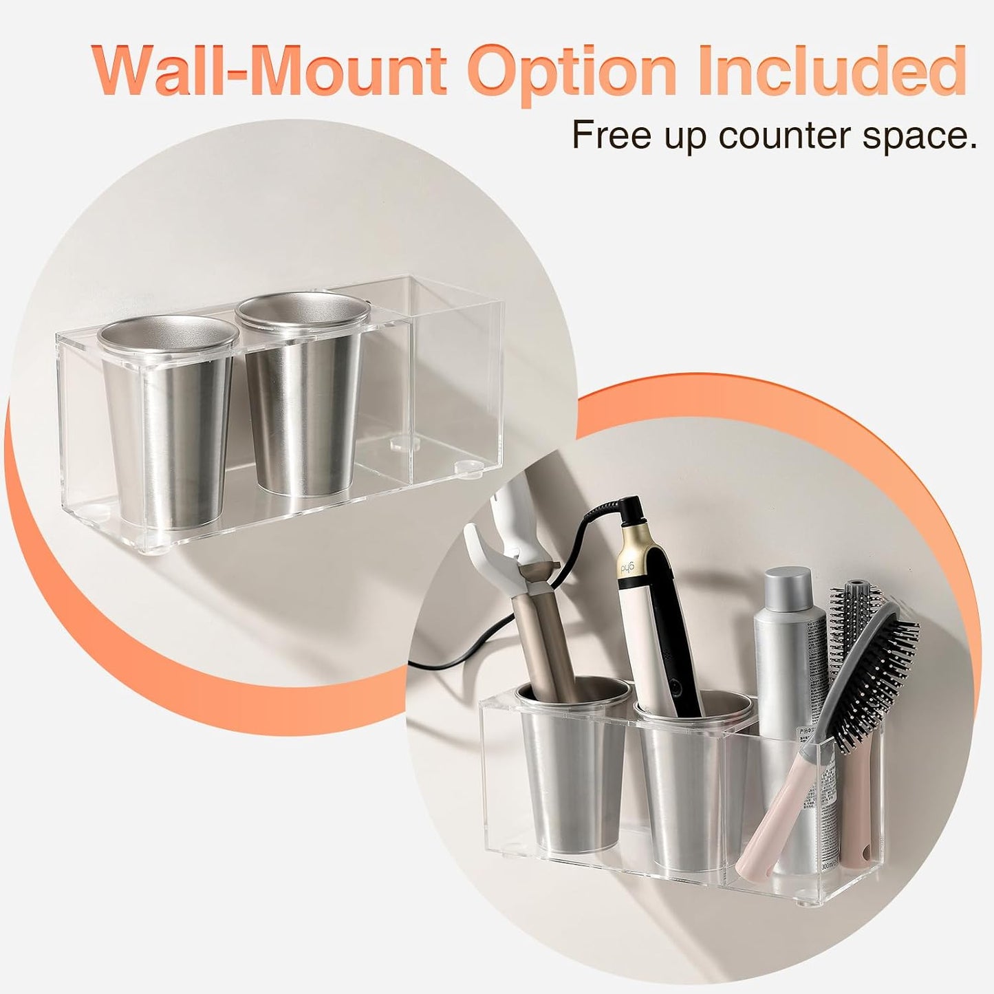 Hair Tool Organizer, Curling Iron Holder, Countertop/Wall Mount | Hair Brush & Spray Organizer, Hot Tools Holder for Vanity Bathroom, Under Sink/Adhesive/Screw Mount, Acrylic, Clear