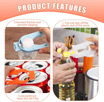 6-Pack Plastic Bottle Cap Opener, 3-in-1 Multi-Purpose Gripper Water Bottle Opener for Arthritic Hands, Easy-Twist Jar Opener Tool for Kitchen, Camping & Outdoor Use (Orange, Blue, White)