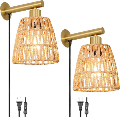 Boho Battery Operated Wall Sconces, Rattan Wall Sconce Set of 2 with Remote, RGB 15 Colors Dimmable Rechargeable Wall Light, Black Indoor Wireless Wall Lamp, Farmhouse Rattan Wall Lighting for Bedroom