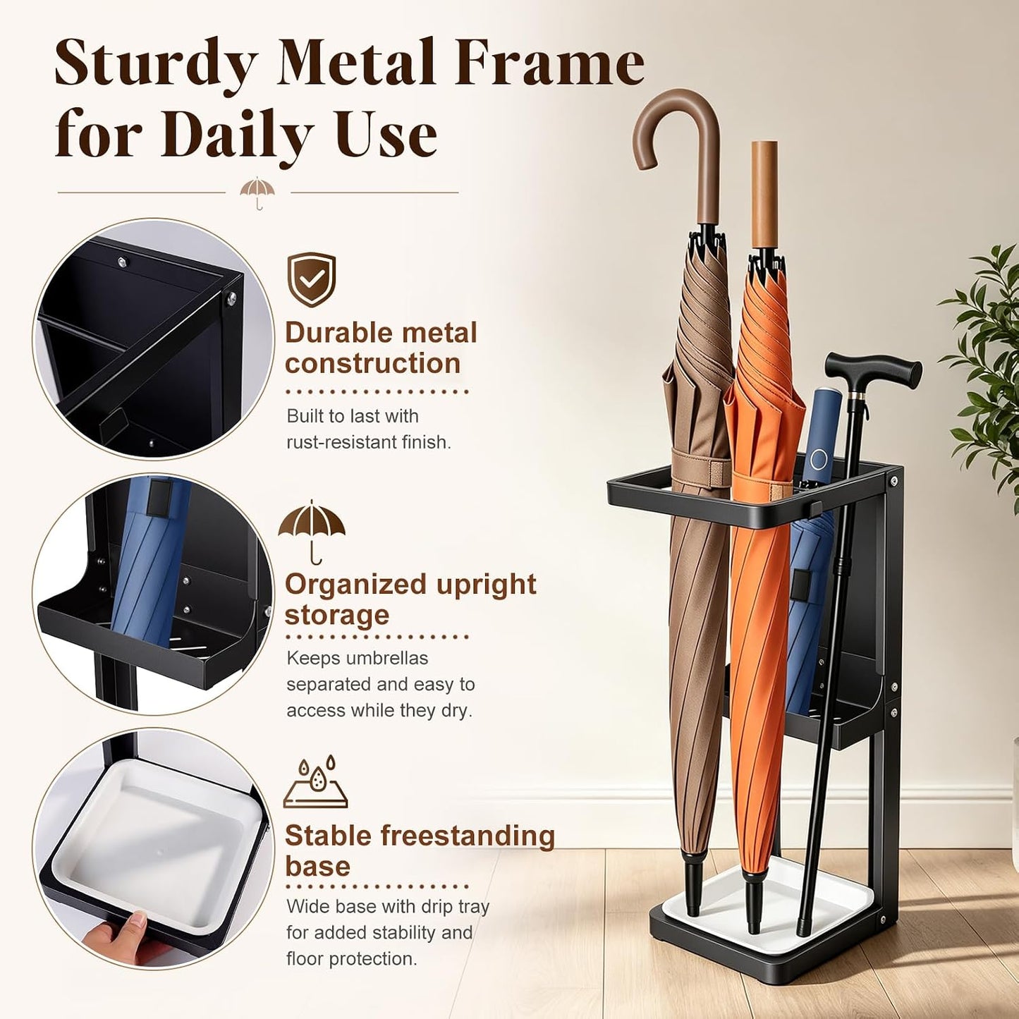Umbrella Stand for Entryway, Sturdy Metal Umbrella Holder Indoor with Removable Drip Tray, Small Umbrella Rack for Long and Compact Umbrellas, Black Umbrella Storage Stand for Home Office