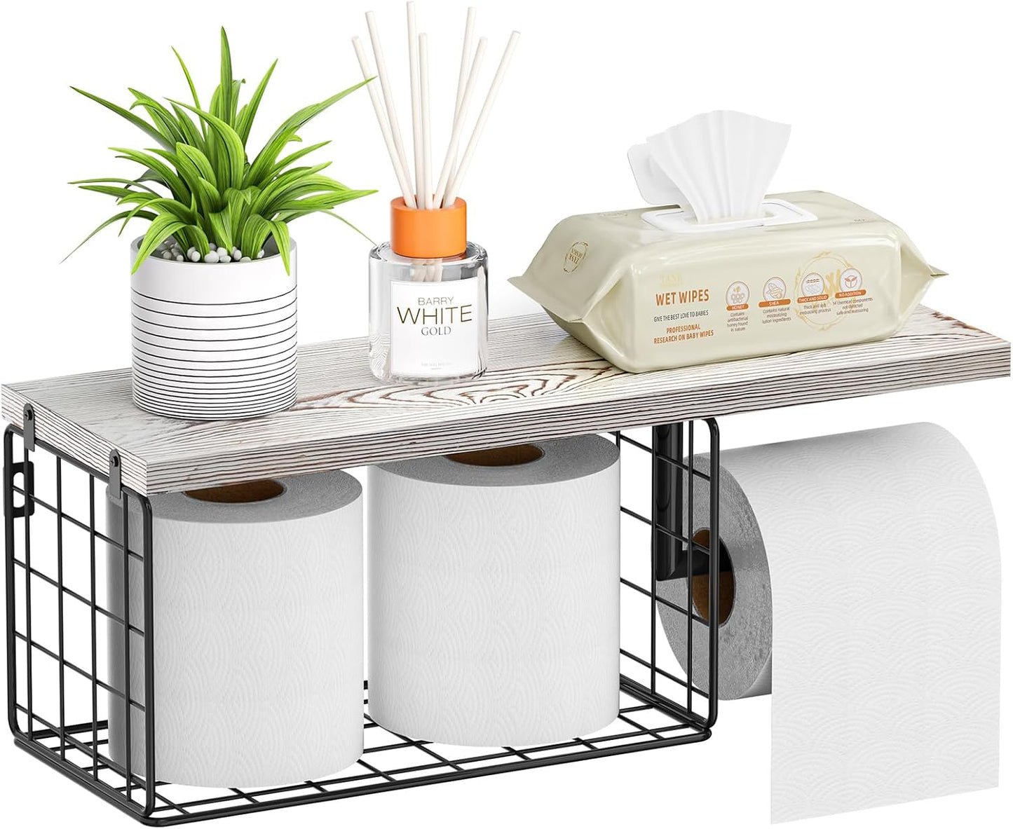 VITVITI Toilet Paper Holder with Shelf, Wall Mounted Storage Basket, Brown | Farmhouse Wall Mount Toilet Paper Holder Shelves, Wood Metal Toilet Roll Wipes Holder for Bathroom