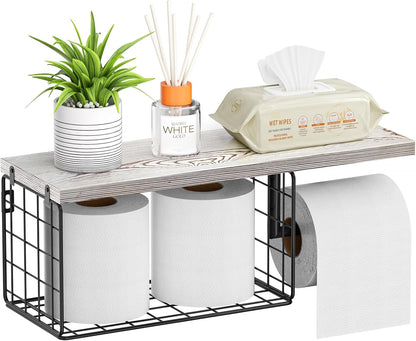 VITVITI Toilet Paper Holder with Shelf, Wall Mounted Storage Basket, Brown | Farmhouse Wall Mount Toilet Paper Holder Shelves, Wood Metal Toilet Roll Wipes Holder for Bathroom