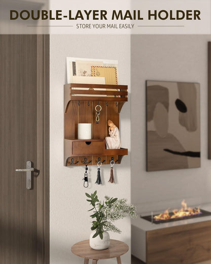 Rebee Vision Key Holder Wall Mount with Drawer Organizer for Entryway,Brown | Pine Wood, 6 Key Hooks, Display Shelf for Plants, Mail Slot for Storage Letter, Multi-Funtional Design, Home Storage