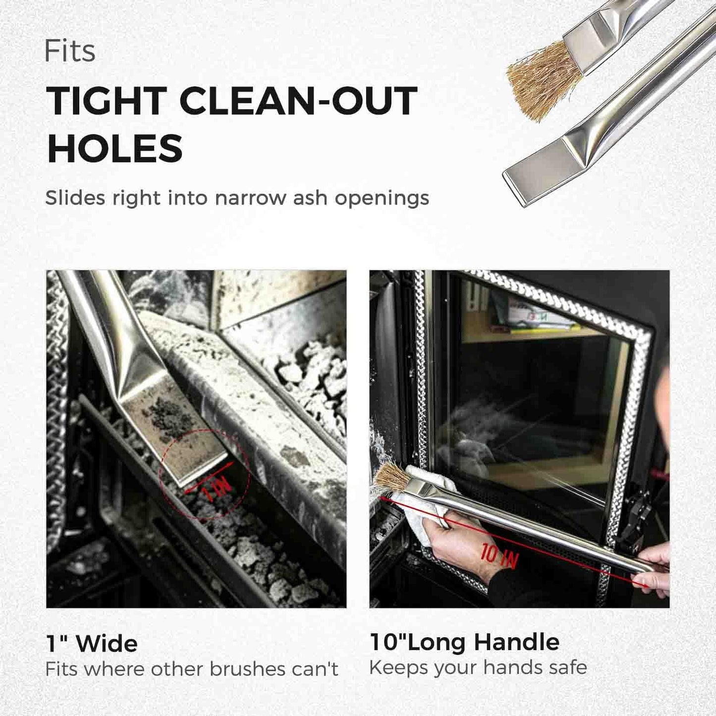 Pellet Stove Cleaning Brush with Scraper, Small Head Fits Tight Ash Clean-Out Holes, 10" Long Handle Wire Bristles, Replaces Screwdriver & Rag, for Chimney, Fireplace, Grill, Wood & Gas Stove