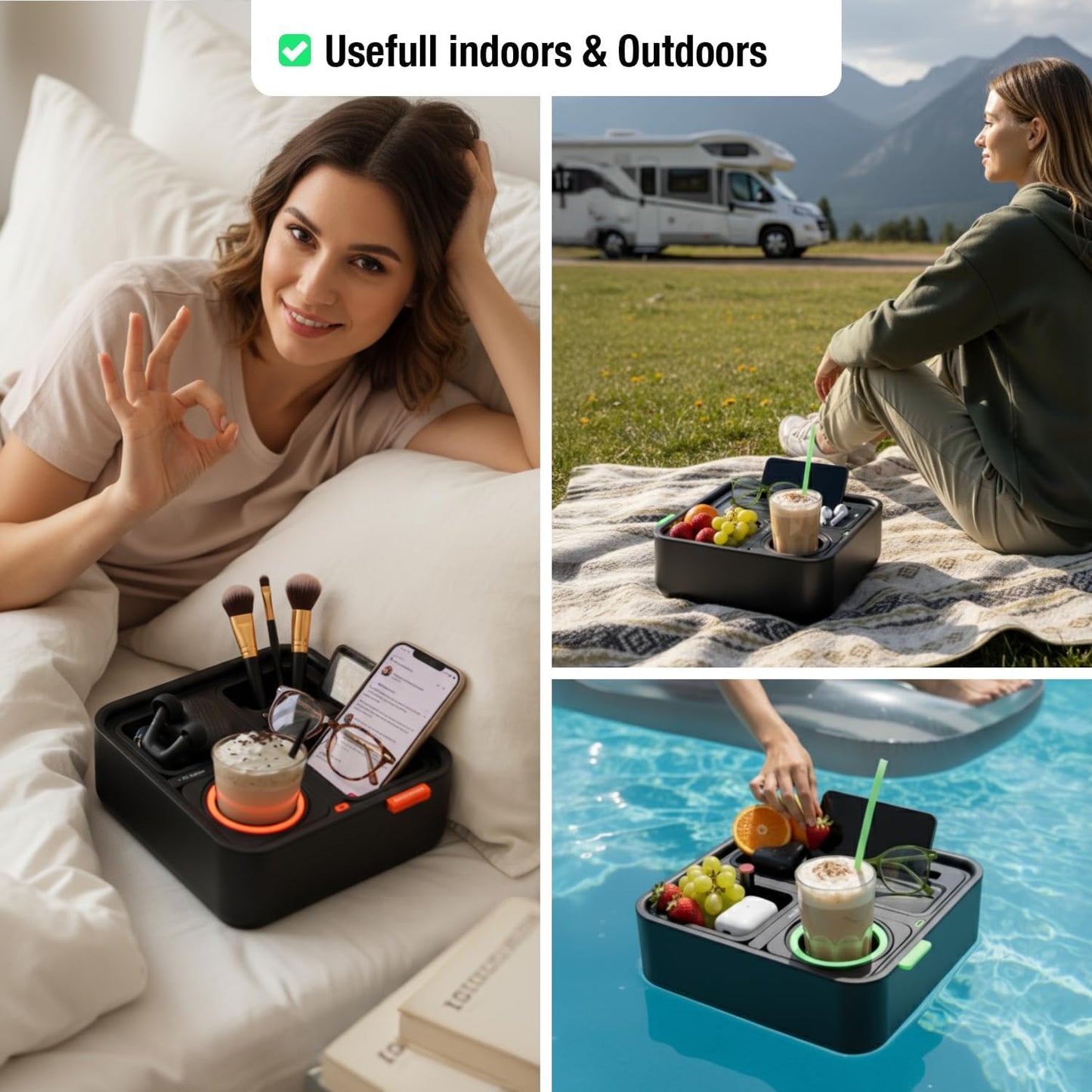 Original Tray - Drinks & Snacks Sofa Caddy with Armrest, Table with Phone Stand- TV Remote Control Storage and Organizer - for Living Rooms, RV, and Cars, Black/Green