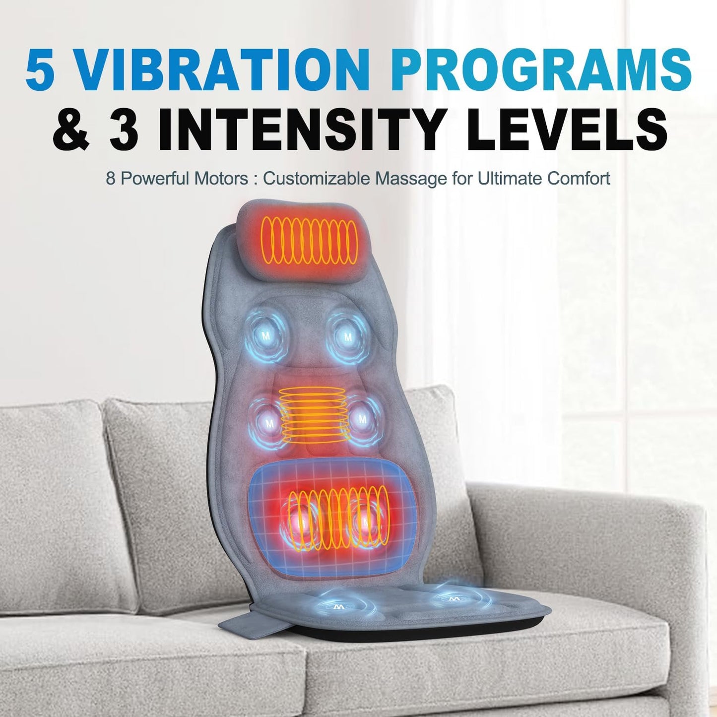 Back Massager with Soft Plush Fabric Cover, Massage Seat Cushion with 8 Vibration Motors & 2 Heating Levels, Chair Massager for Recliner, Office Chair, Sofa Use