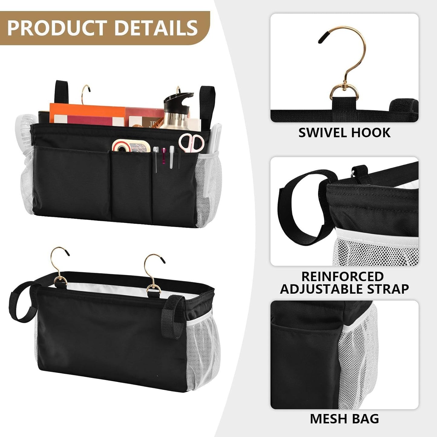 Black Bedside Caddy Storage Bag Bedside Organizer for Bed Rails College Dorm Room Organizer Caddy Hanging Shelf 6 Pockets with Hooks for Drinks Magazine Phone Holder