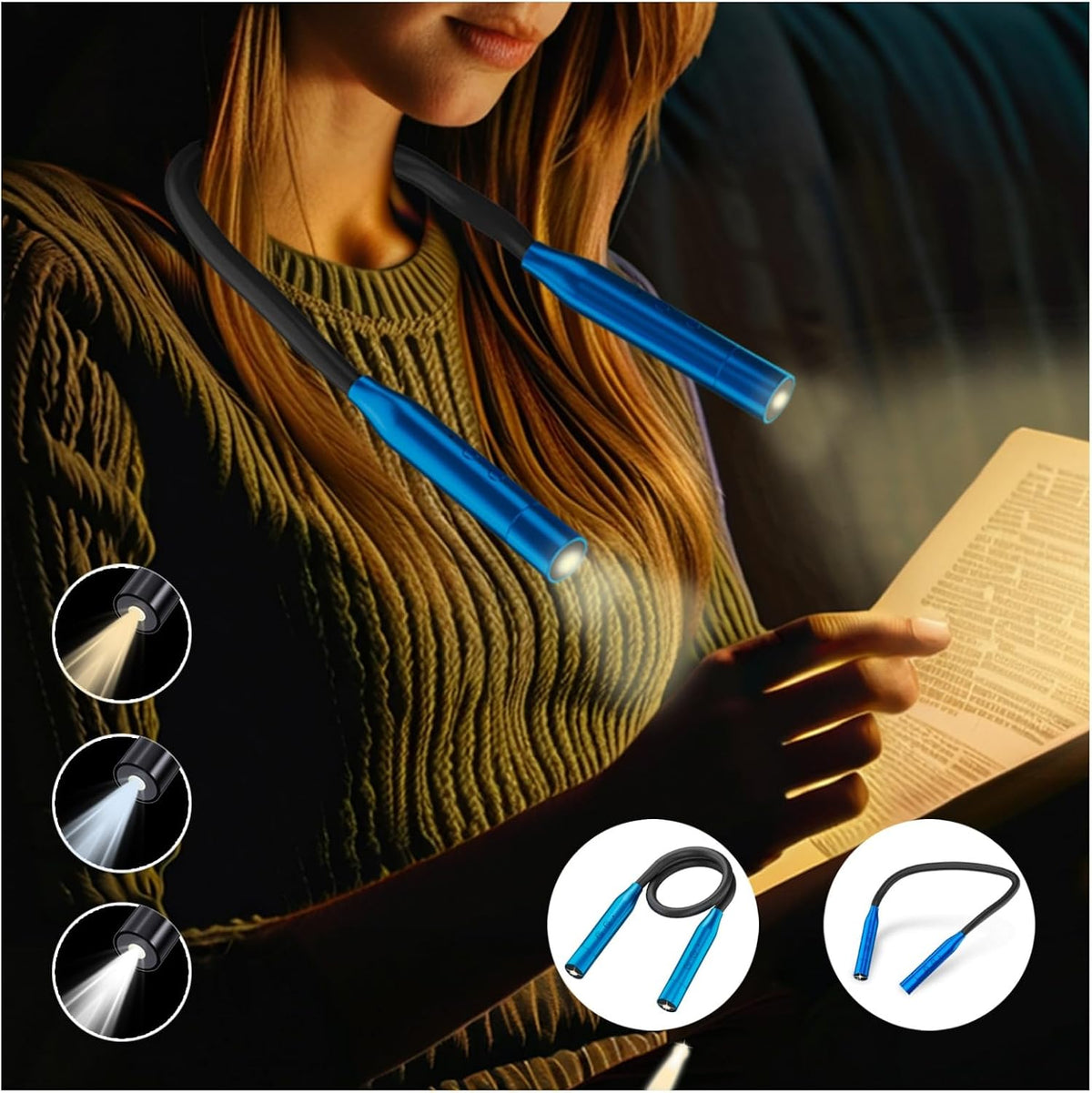 2 Pack Neck Book Lights, 3 Colors & 3 Brightness Levels, Flexible 380° Neck Light Rechargeable, LED Reading Lights for Books in Bed, 80 Hrs Lasting, Perfect for Reading, Knitting, Crafts, Repairs