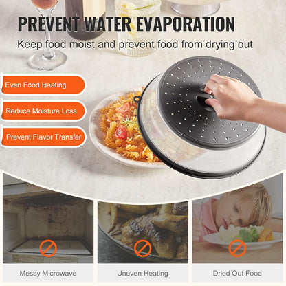 VEVOR Microwave Splatter Cover & Mat, 10.8" Collapsible Microwave Lid for Food, 500°F Heat-Resistant Silicone & Tempered Glass Splatter Guard for Plate Dish, Multi-Purpose Kitchen Gadget with Handle