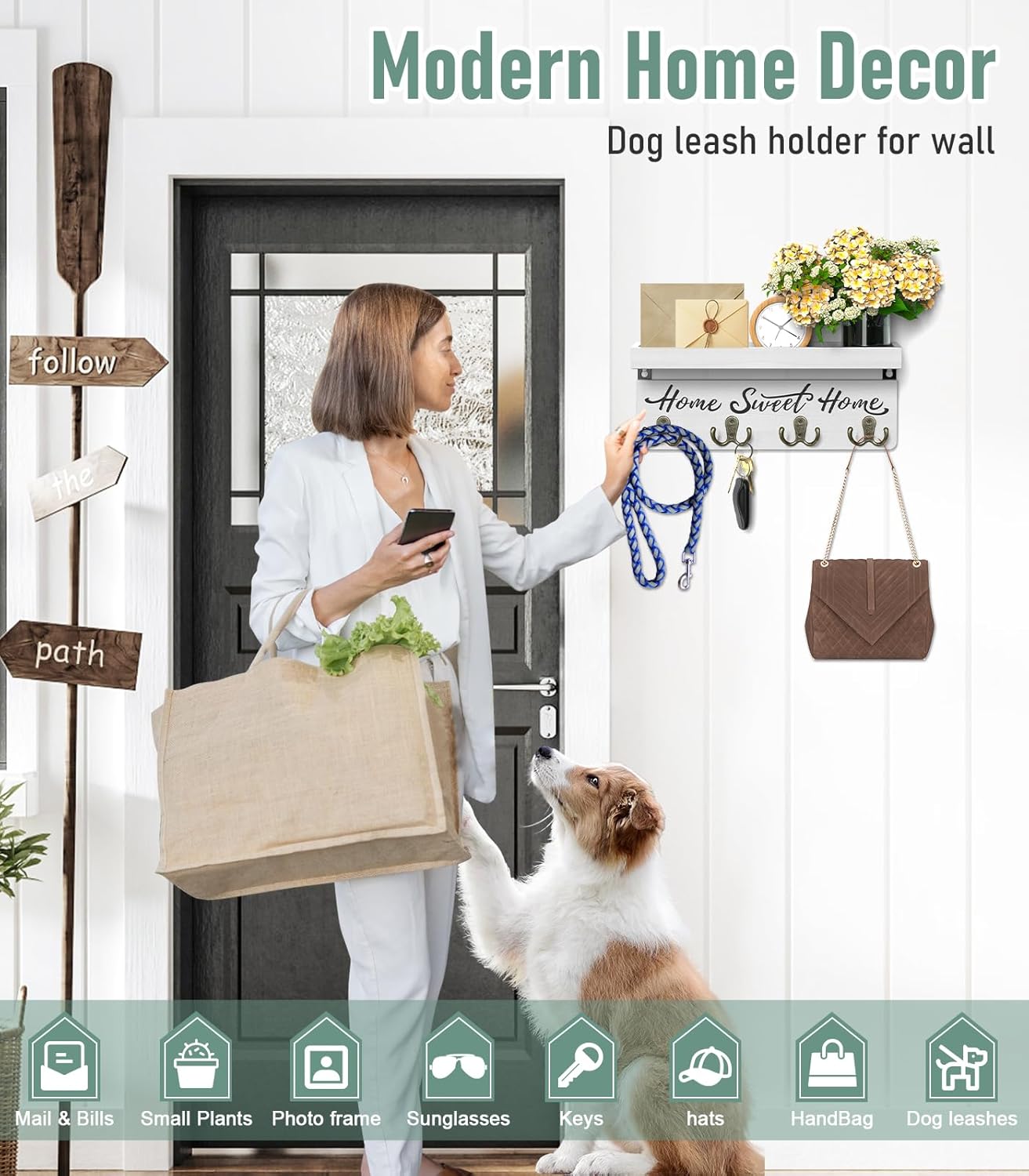 buways Key Holder Wall Mount with 8 Hooks and Cozy Home Sign (Gray) | Solid Wood, Floating Shelf for Keys, Mail, and Daily Essentials in Entryways, Hallways or Home Decor