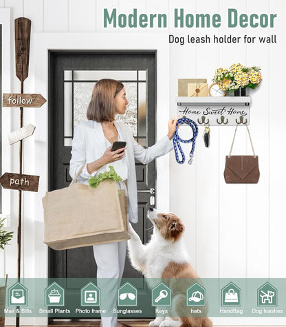 buways Key Holder Wall Mount with 8 Hooks and Cozy Home Sign (Gray) | Solid Wood, Floating Shelf for Keys, Mail, and Daily Essentials in Entryways, Hallways or Home Decor