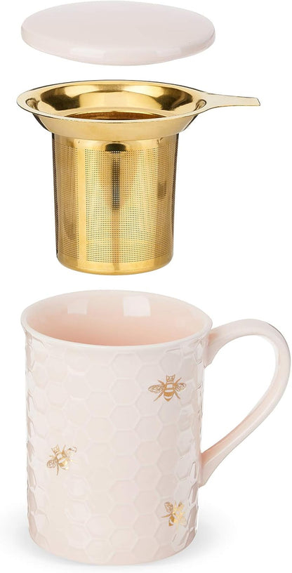 Pinky Up Annette Ceramic Tea Cup with Infuser and Lid, Travel Mug for Loose Leaf Teas, Home Office, Camping, Picnic Party, 12 oz, Set of 1, Honeycomb