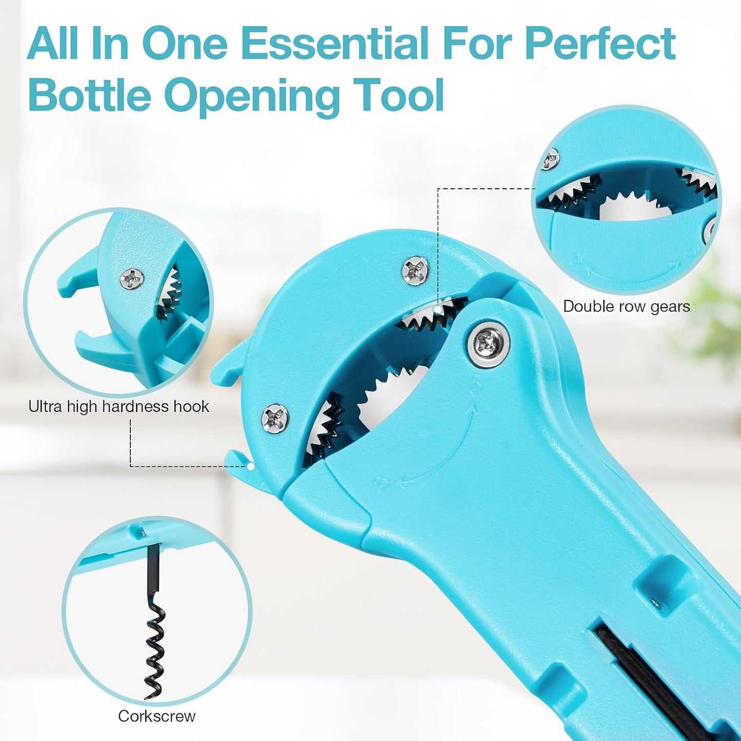 Jar Opener for Seniors with Arthritis, 7 in 1 Bottle Opener and Wine Corkscrew, Easy Grip Kitchen Gadget for Weak Hands Elderly, Retractable Jaw Lid Opener with Magnetic Storage (Teal)