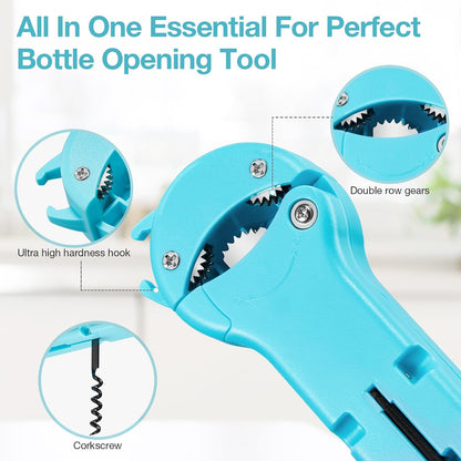 Jar Opener for Seniors with Arthritis, 7 in 1 Bottle Opener and Wine Corkscrew, Easy Grip Kitchen Gadget for Weak Hands Elderly, Retractable Jaw Lid Opener with Magnetic Storage (Teal)