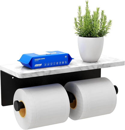 Toilet Paper Holder with Natural Marble Shelf for Bathroom Washroom,Wall Mounted Tissue Holder Suitable for Mega Roll (Brushed Nickel,Small 6.7 * 4.3 in)
