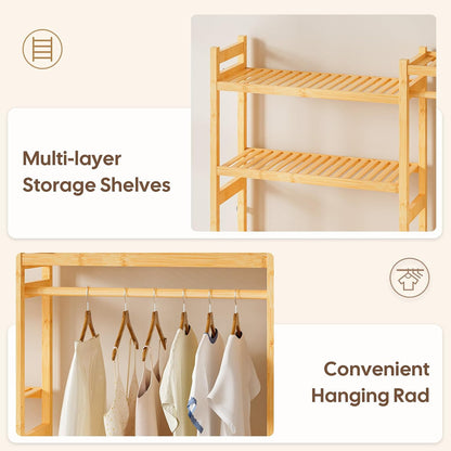 Cozivolife Over The Washer Dryer Storage Shelf: Bamboo 5 Tiers (Natural) | Laundry Room Drying Rack with Adjustable Shelves and 4 Hooks - Space Saver Organizer for Hanging Clothes and Towels