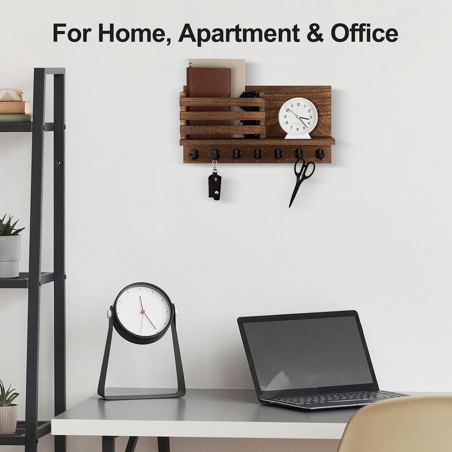Lwenki Key Holder for Wall – Decorative Wooden Mail Holder and Key Shelf with Mounting Hardware, Installation Guide – Paulownia Wood with Metal Key Hooks (Black, Large - 11.8inch)