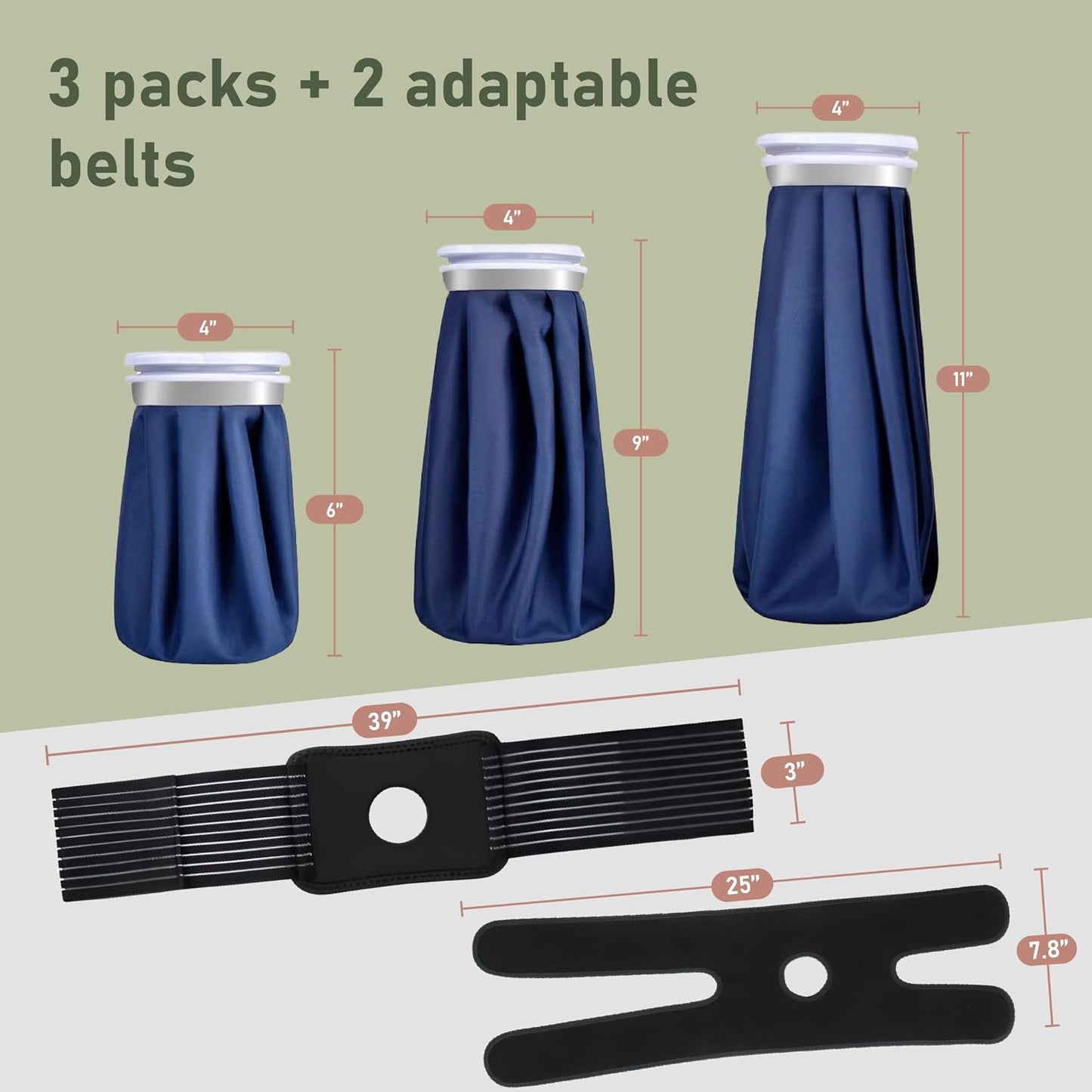 Ice Bags Set of 3 with Straps, Reusable Hot & Cold Packs | Dual hot water bag for pain relief and soft ice packs for injuries, includes 3 bags and 2 hands-free straps