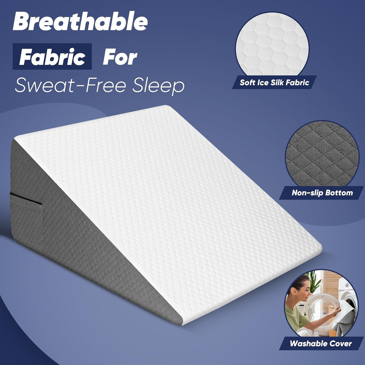 Bed Wedge Pillow for Sleeping & Resting, 8 inch Incline Pillow Wedge for Adults Seniors, Back Support and Leg Elevation, Cooling Memory Foam Top, Ideal for Couch, Bedroom & Living Room