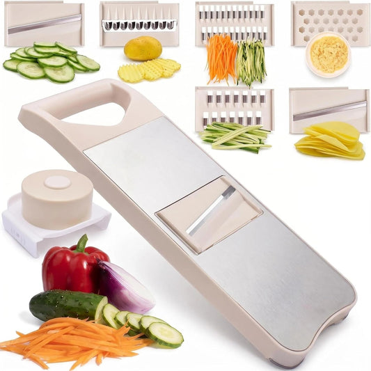 NACOLUS 6-Blade Mandoline Slicer for Kitchen with Waffle Fry Cutter | 6 blades:straight 1/3mm,shred 2/3mm,waffle,grater,slide-on hand guard,steel sliding track,garlic slicer,vegetable shredder