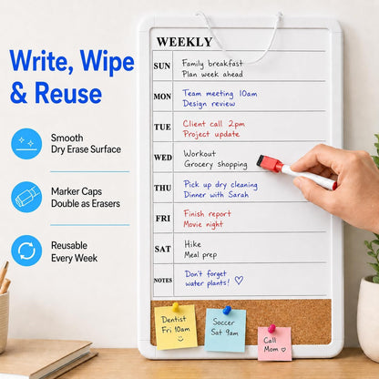 MaxGear Weekly Dry Erase Calendar Board, 11" x 17" Magnetic Whiteboard | Double-Sided Wall Planner: Weekly Calendar on One Side, Blank Whiteboard on The Other, Includes 3 Color Markers and Magnets