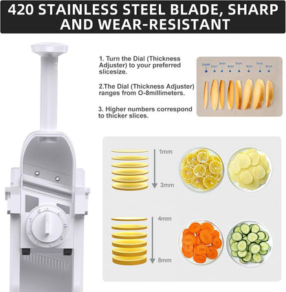 Jonscook All-in-1 Safe Mandoline Slicer for Kitchen, Vegetable Slicer with Container, Adjustable Veggie Mandoline, French Fry Cutter, Potato/Tomato/Onion Slicer, Grater/Cleaning Brush (Black Knight)