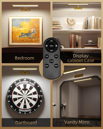 EZVALO Picture Light for Wall, 4800mAh Rechargeable Wireless Gold Light with IR Remote, Dimmable Magnetic LED Art Display Light with 3 Color Temperatures, for Gallery, Living Room, Bedroom(2Pack)