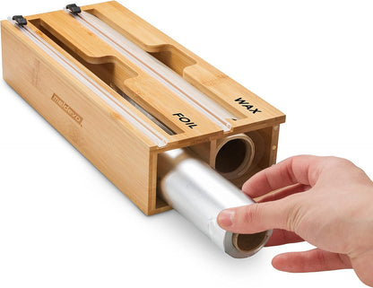 2 in 1 Wrap Dispenser with Cutter and Labels, Plastic Wrap, Aluminum Foil and Wax Paper Dispenser for Kitchen Drawer, Bamboo Roll Organizer Holder, Compatible with 12" Roll