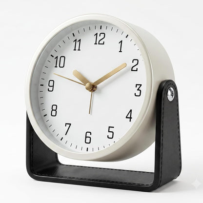 Analog Alarm Clock - 4.5" Silent Non Ticking Small Clock with Light, Rotatable Stand Metal Desk Clock Battery Operated, Simple Design for Living Room Decor/ Bedroom/Bedside/Shelf (Black & White)
