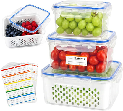 2 Pack Fruit Storage Containers for Fridge with Removable Colanders, Dishwasher & Microwave safe Produce Storage Containers with Lids Keep Fruits, Vegetables, Berry, Meat Fresh longer