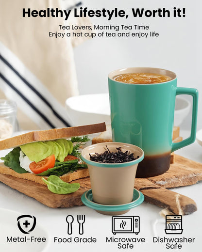 15 oz Ceramic Tea Infuser Cup with Lid - Tea Mug with All Porcelain Strainer for Loose Leaf Teas,Microwave and Dishwasher Safe,Metal-Free,BPA-Free for Tea Lovers/Birthday (Black)