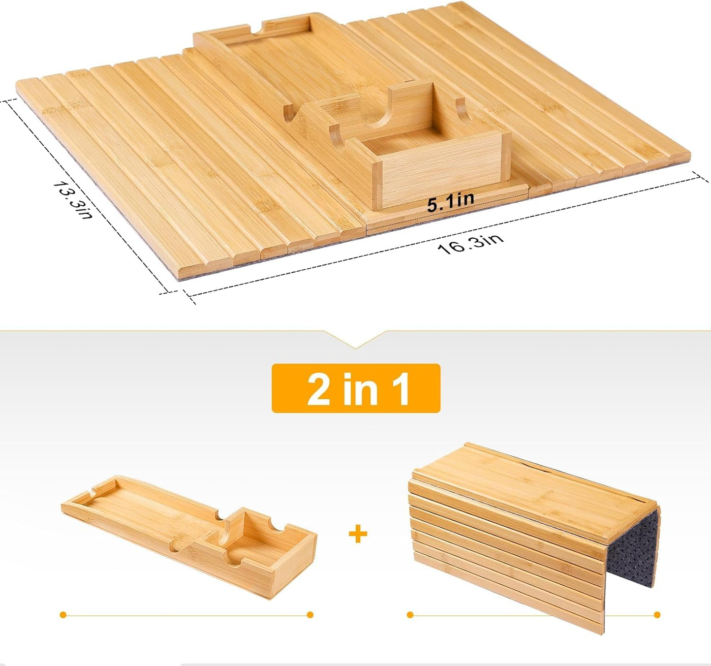 Bestjing Bamboo Sofa Armrest Tray - Couch Arm Tray with Detachable Couch Cup Holder - 2 in 1 Anti-Slip Foldable Sofa Armchair Caddy Table for Drinks Cellphone TV Remote Snacks