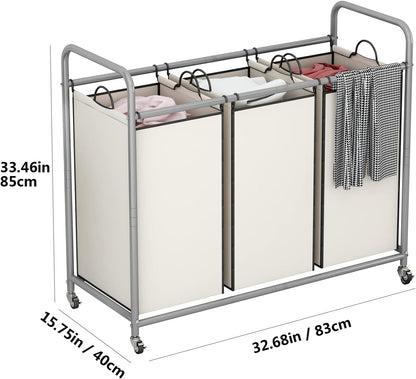 LINZINAR 3 Section Laundry Hamper, Black Laundry Basket 135L Laundry Sorter | Laundry Room Organization with Heavy Duty Rolling Lockable Wheels and Removable Bag, Bedroom Laundry Cart for Clothes Storage