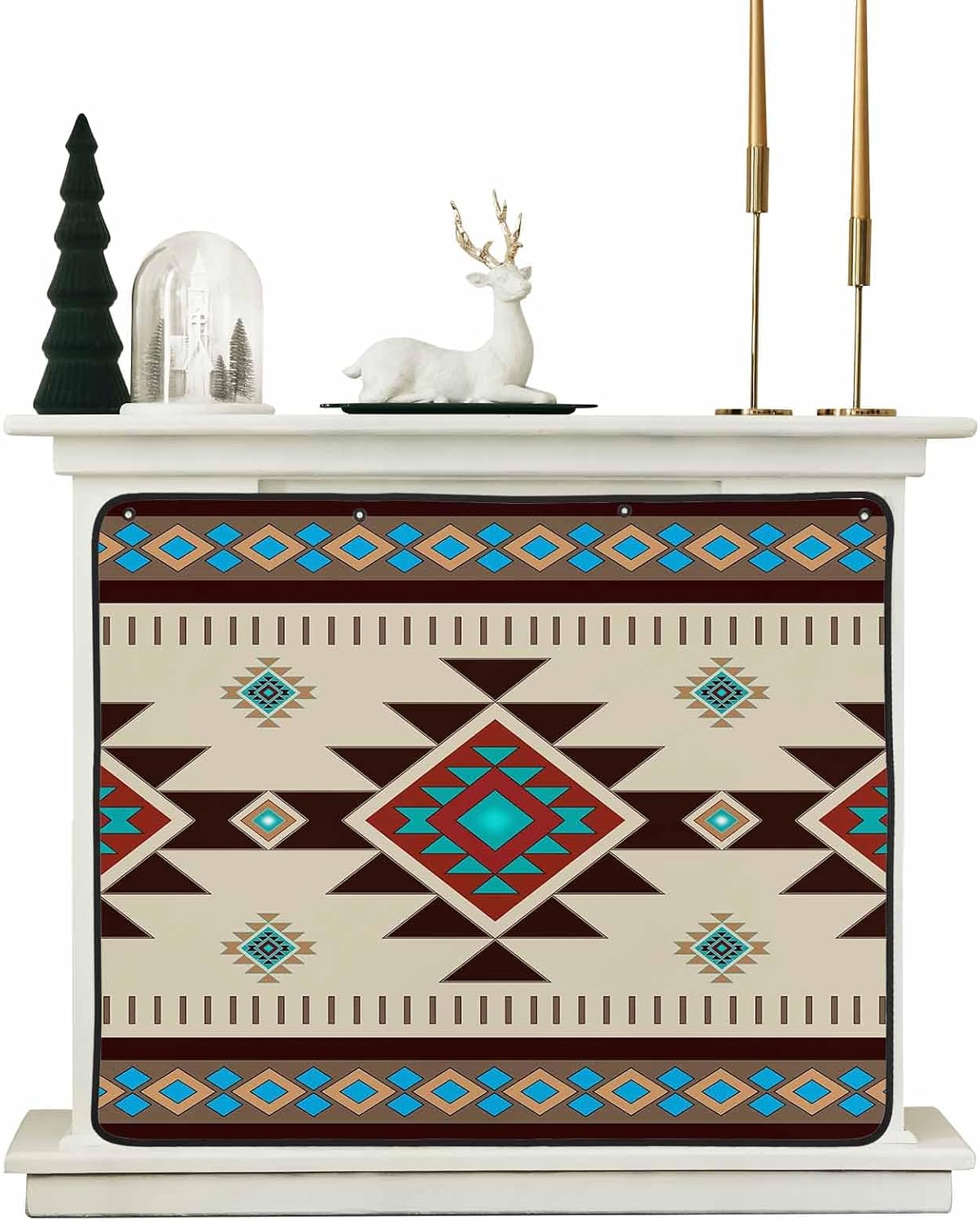 Brown Blue Magnetic Fireplace Cover, Fireplace Draft Blocker, Green Southwest Ethnic Native American Boho Fireplaces Blanket for Heat Loss/Cold Air, Fireplaces Draft Stopper Cover for Inside 39''x32''