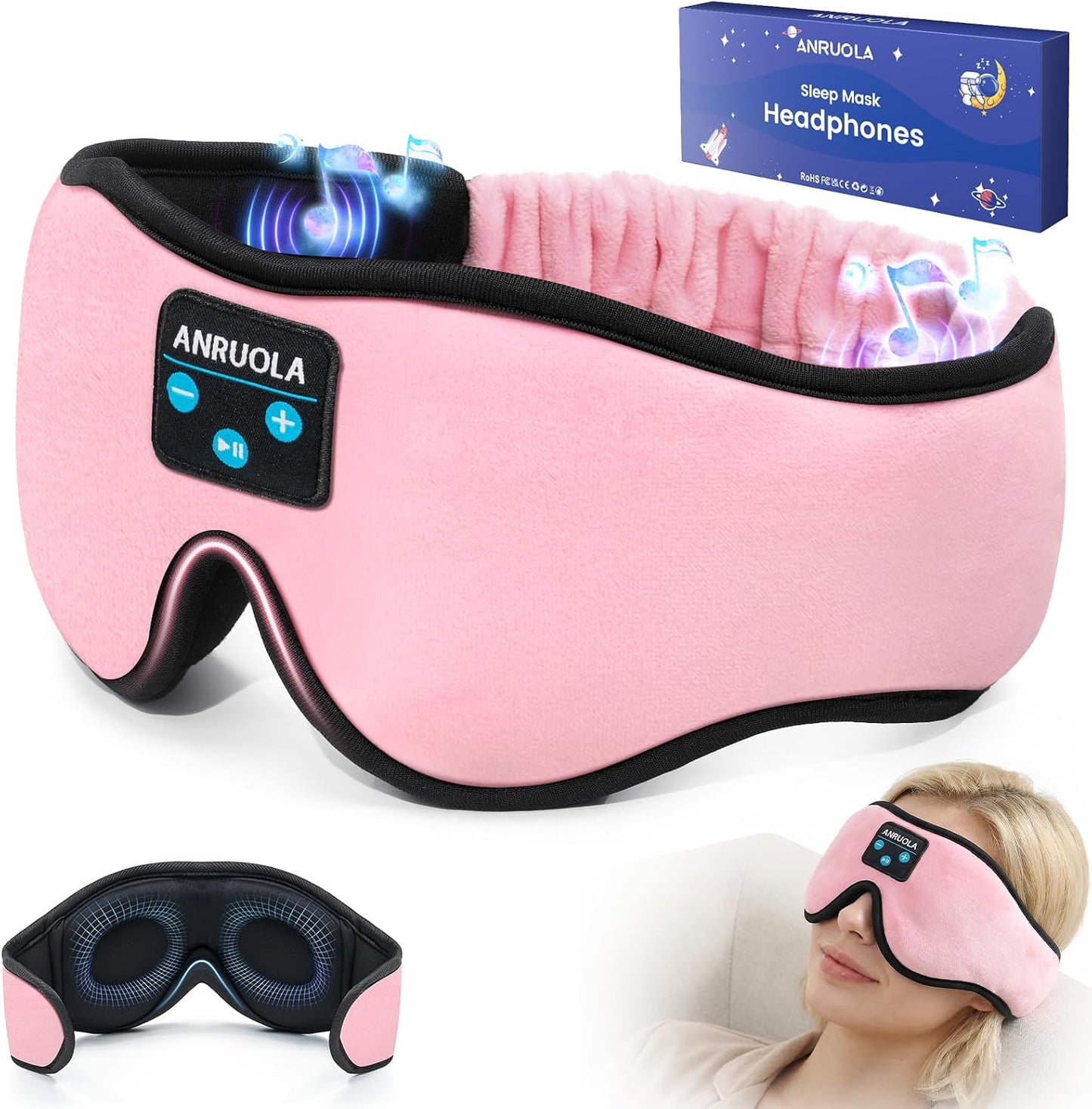 3D Sleep Mask with Bluetooth Headphones, Wireless Sleep Headphones for Side Sleepers, Noise Cancelling Eye Mask for Nap, Soft Sleeping Mask for Women Men, Blackout Sleep Mask with Built-in Speakers