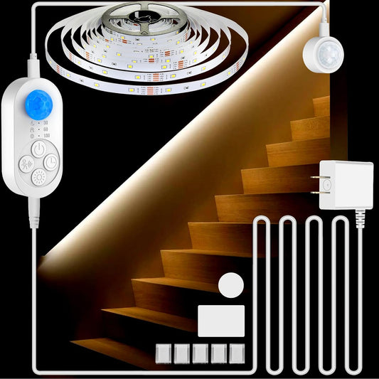 Dual Sensor Stair Lights Indoor, Motion Activated Plug-in Step Light Strip Indoor with Dimmer, Delay Timer for Stairway (Warm White 3000K (16.4FT Light Strip), Power Adapter (16.4FT Cable))