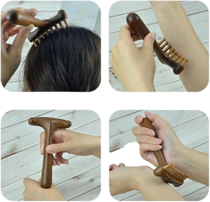 Wooden Back Gua Sha Sandalwood Meridian Massage Rake | Lymphatic Drainage, Neck Scalp Full Body Muscle Pain Relief, Long Handle Scraping Tool