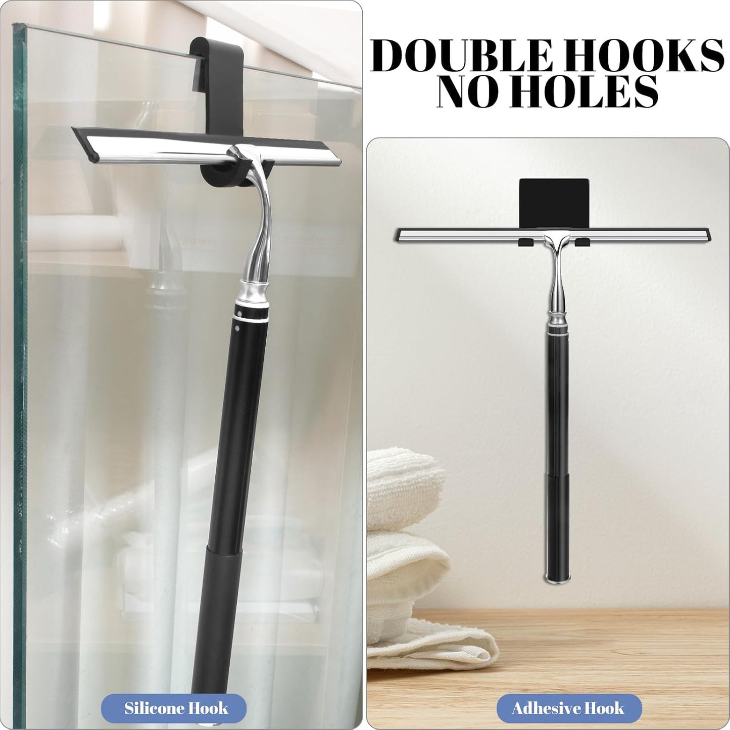 Shower Squeegee with Long Handle,Window Squeegee with Extension Pole Squeegee for Shower Glass Floor Squeegee, Telescoping Shower Squeegee for Glass Door, Tile Wall, Car,Floor | 2 Hooks, Squeegee for Shower Glass Floor Squeegee, Telescoping Shower