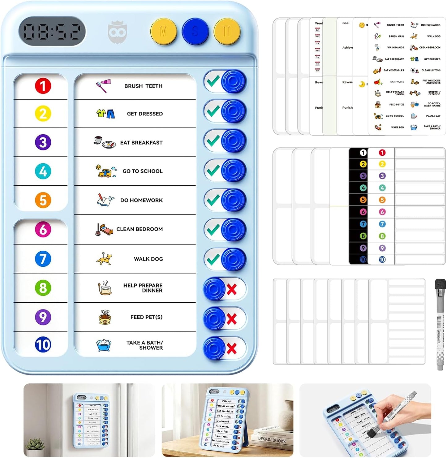 Chore Chart for Kids with Visual Timer, ADHD Tools Visual Schedule Planning Board with Slider, 20 Personalizable Cards and Magnetic Marker, Morning/Bedtime/Daily Routine Chart Checklist - Blue